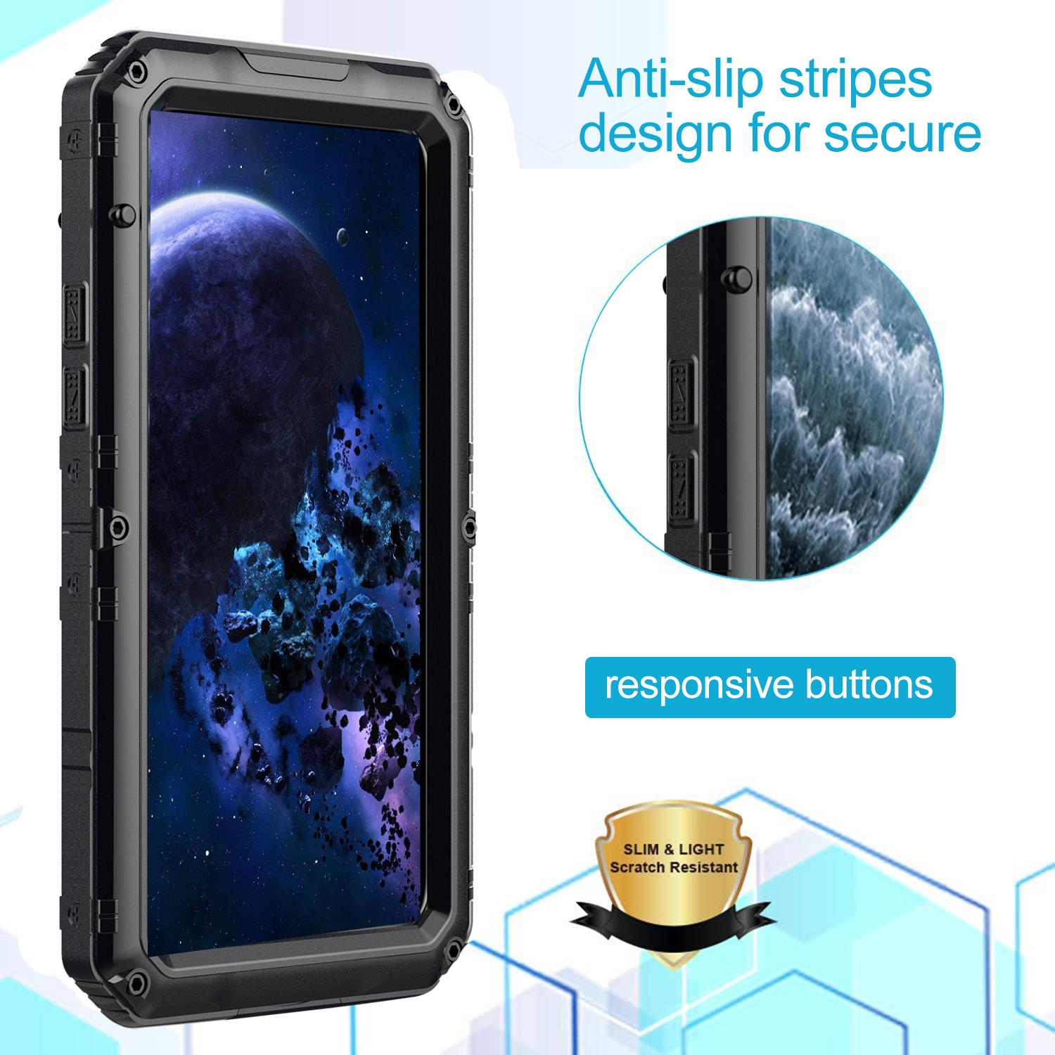 Schwarze Handyhülle mit Anti-Rutsch-Design. Das Telefon zeigt eine Weltraumszene.