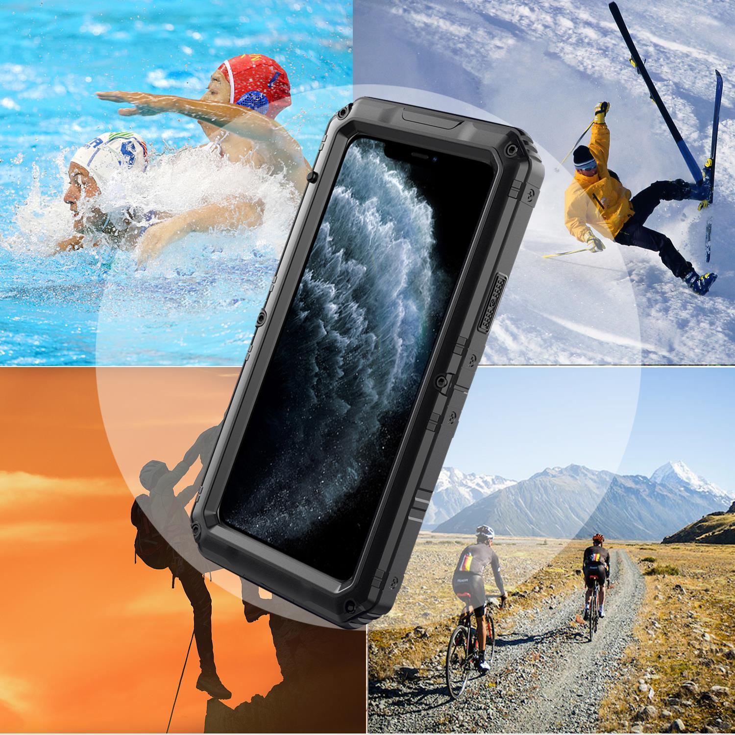 Ein Telefon in Schutzhülle, mit Bildern verschiedener Aktivitäten: Schwimmen, Skifahren, Klettern, Radfahren.