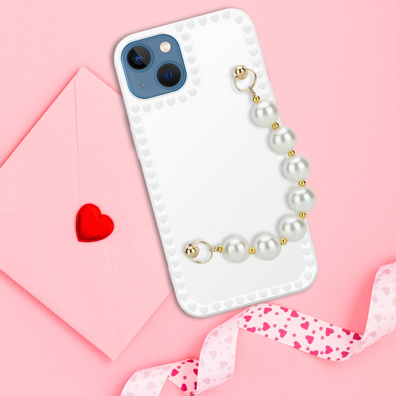 CADORABO Schutzhülle Perlen Backcover, mit Kette, mit 13, Apple, iPhone Weiß Handgelenk