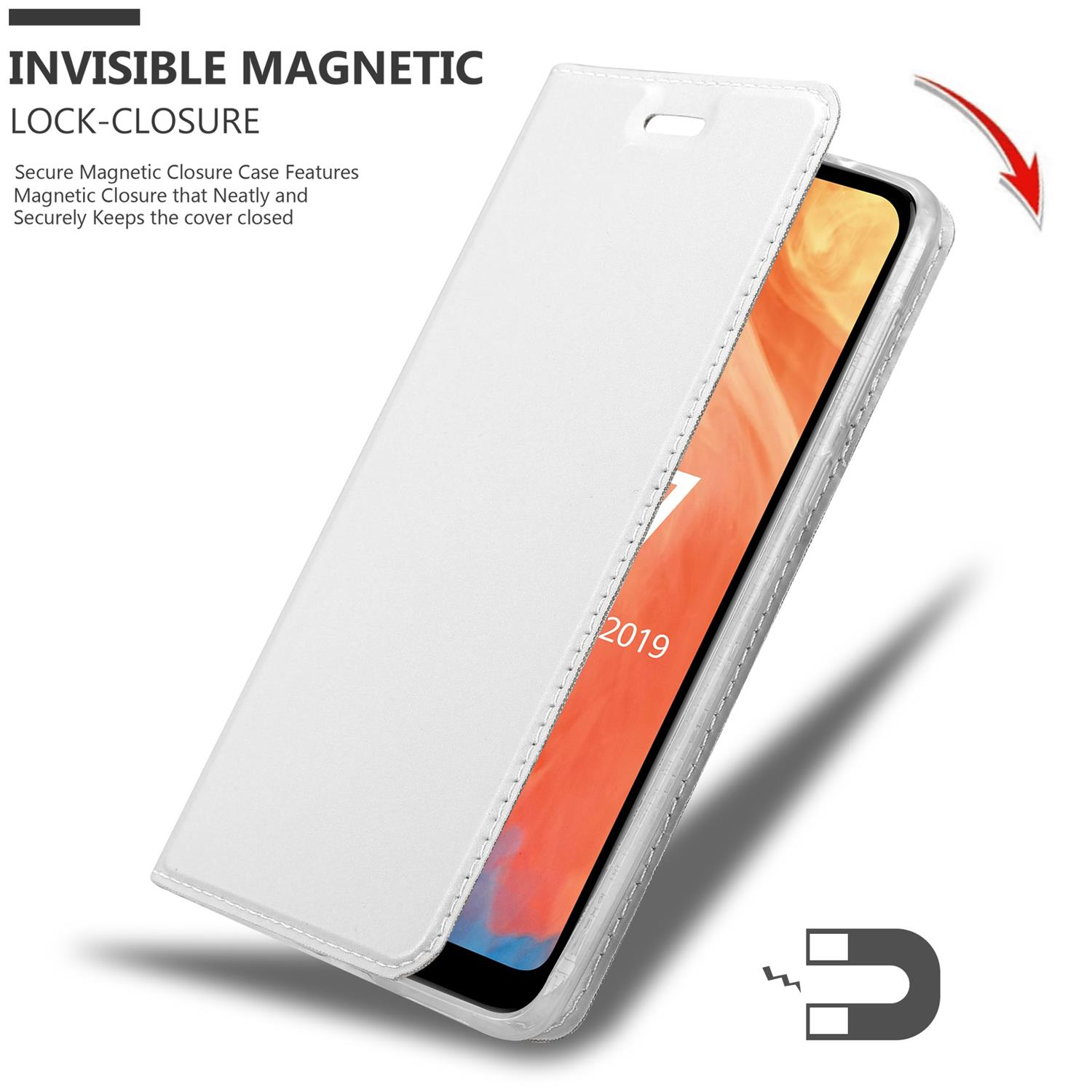 Custodia bianca per telefono, aperta che mostra il telefono. Chiusura magnetica. Freccia e icone del magnete.