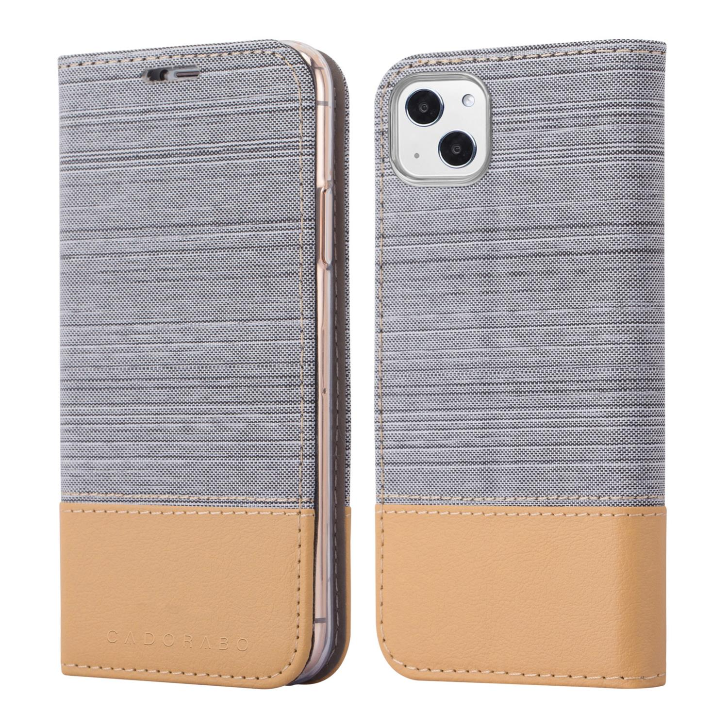 Eine Handyhülle, offen, mit grauem und beigem Design. Das Telefon ist in der Hülle. Der Markenname steht unten.