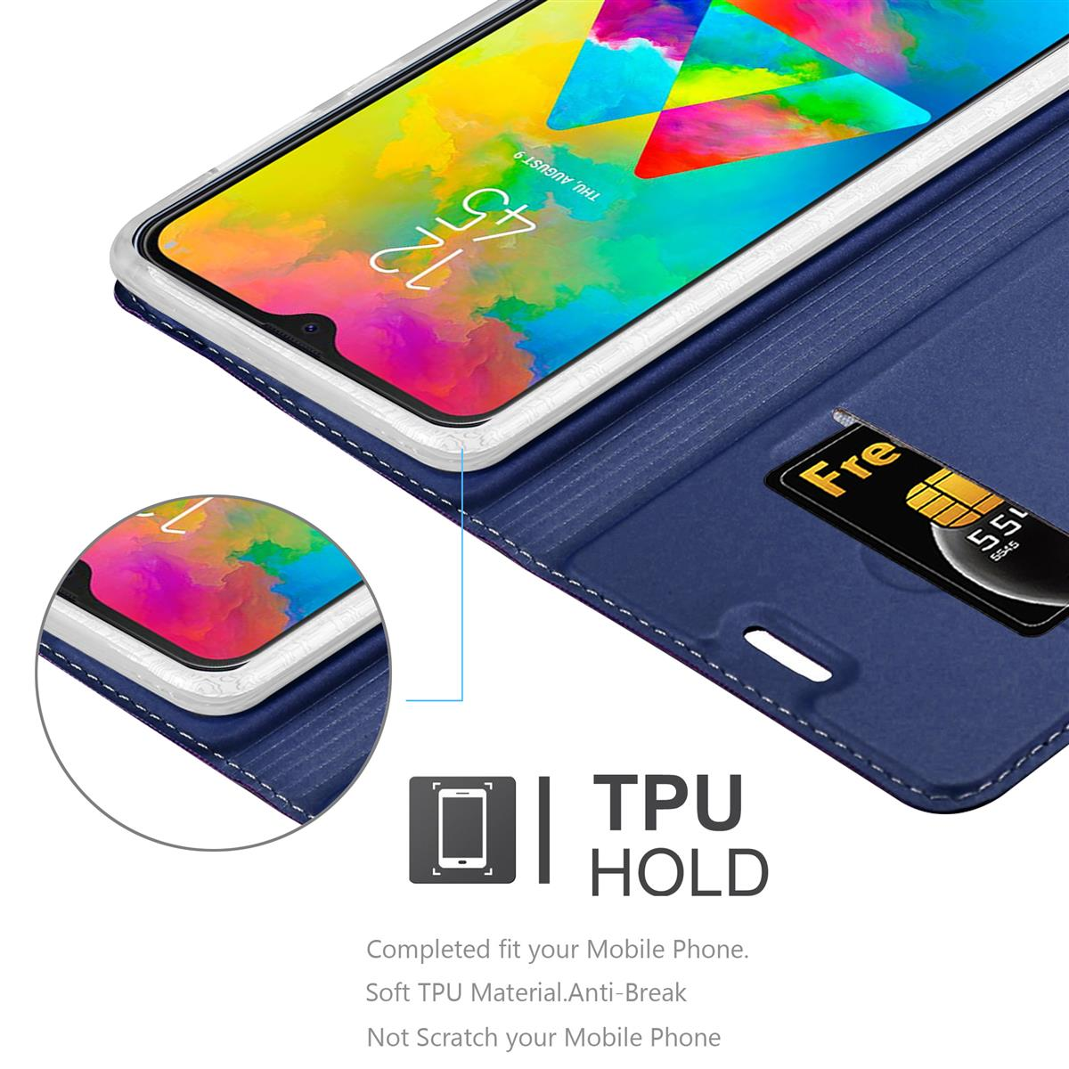 Blaue Handyhülle mit Handy. Karte im Schlitz. Text: TPU HOLD. Weiches TPU-Material. Bruchsicher.