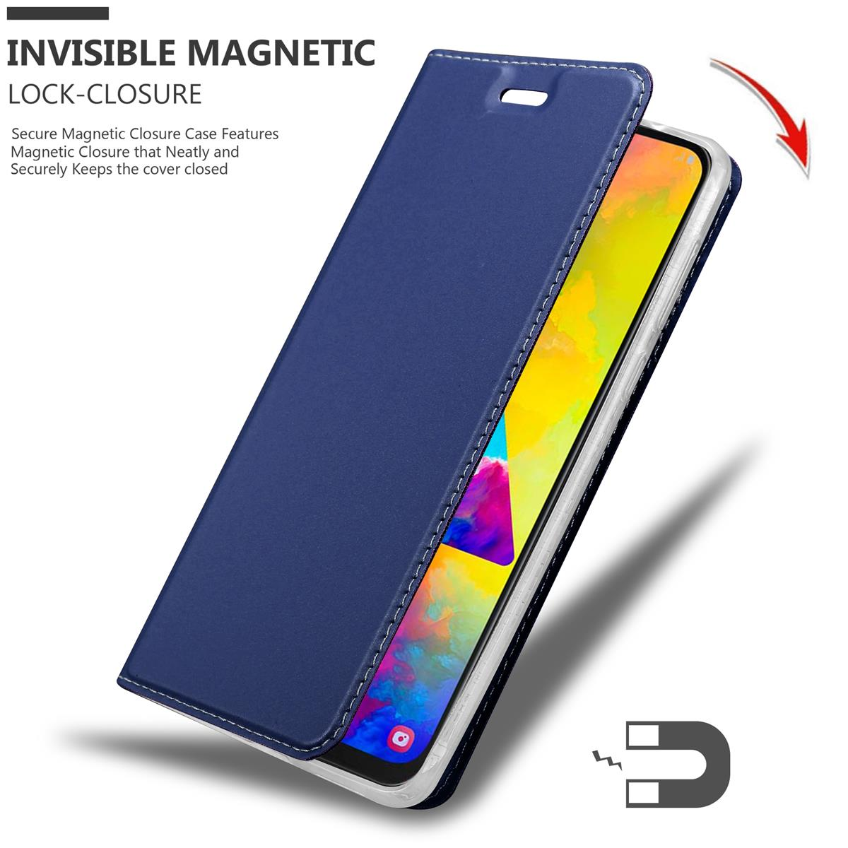 Blaue Handyhülle mit Magnetverschluss und Telefon darin.