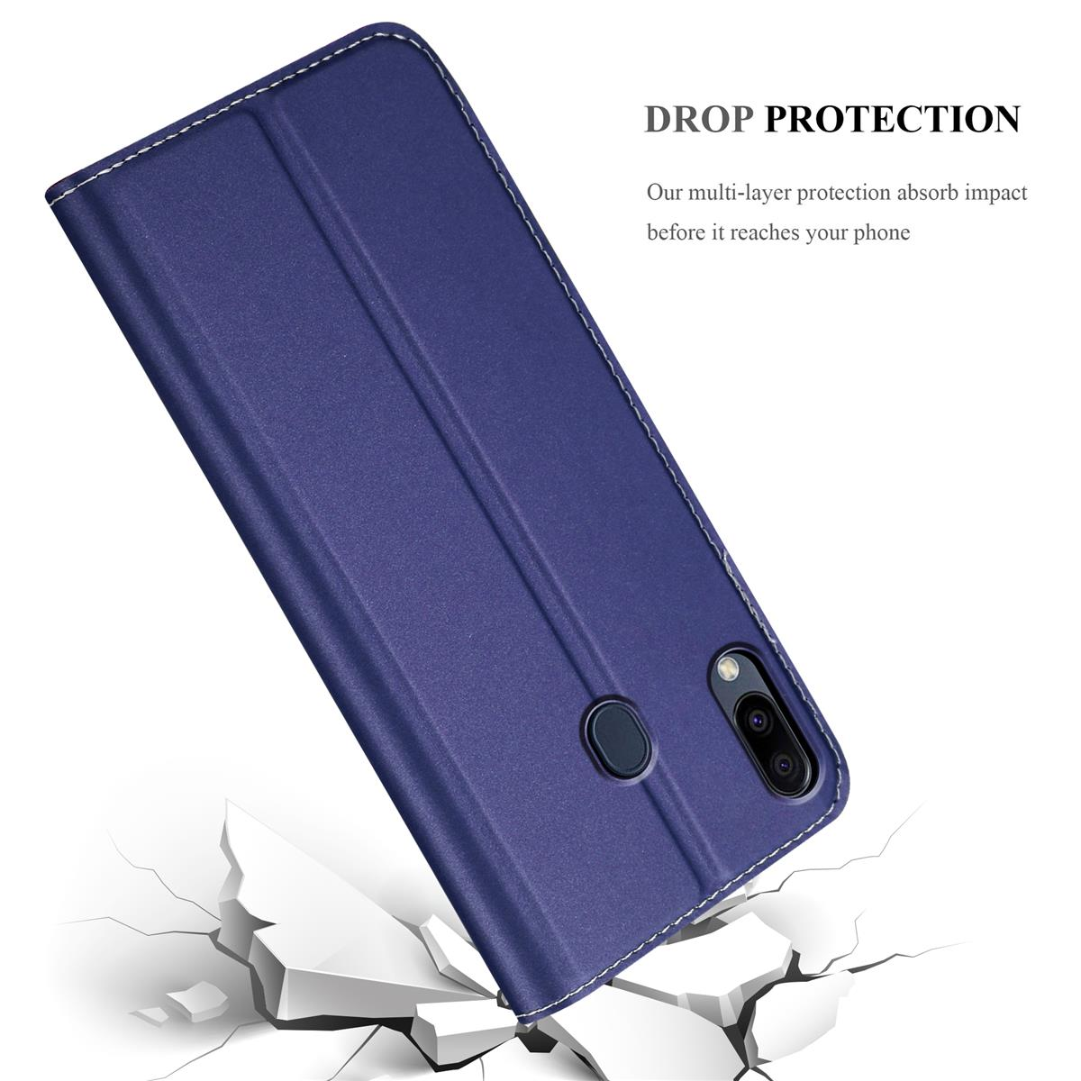 Blaue Leder-Handyhülle mit Telefon und zerbrochenem Boden darunter.