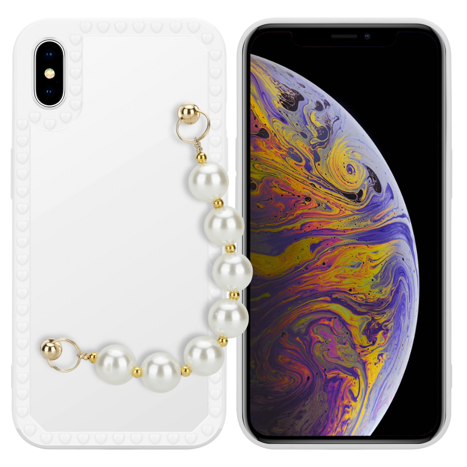 Weißes Handycase mit Perlen und goldenen Akzenten neben einem Handy mit farbigem Bild.