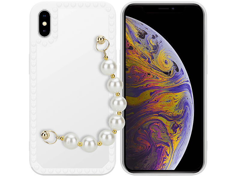 CADORABO Schutzhülle Weiß XS Perlen Apple, Kette, mit iPhone Backcover, MAX, Handgelenk mit