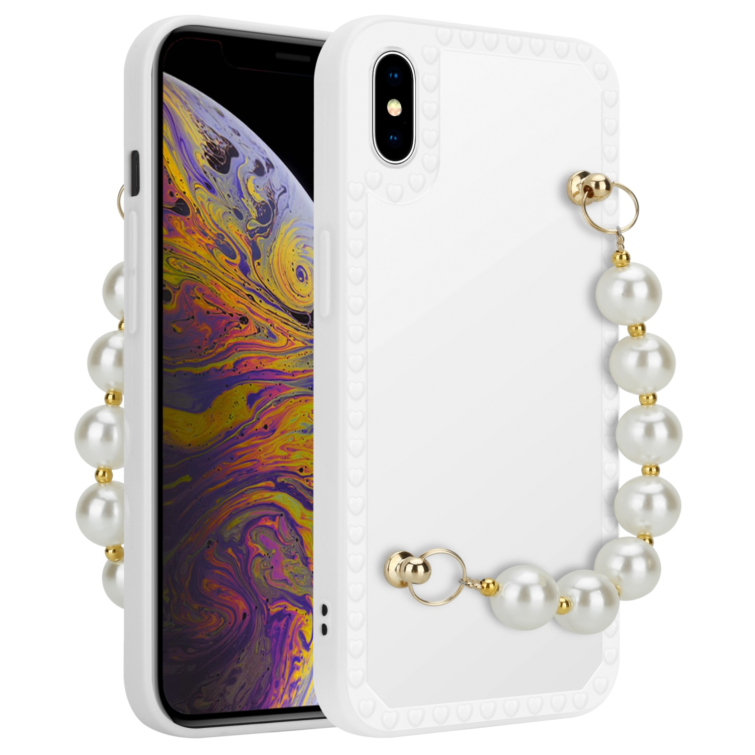 Weiße Handyhülle mit Perlen. Ein Telefon befindet sich in der Hülle. Der Hintergrund ist weiß.