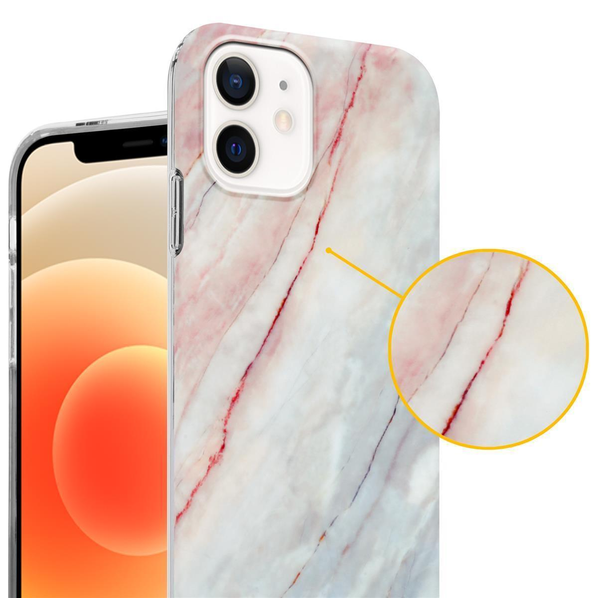 Eine Handyhülle mit Marmordesign. Das Telefon ist darin. Rosa-weißes Marmormuster.