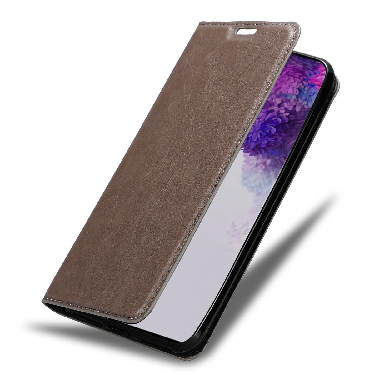 Geöffnete braune Handyhülle mit Telefon. Der Bildschirm des Telefons ist sichtbar.
