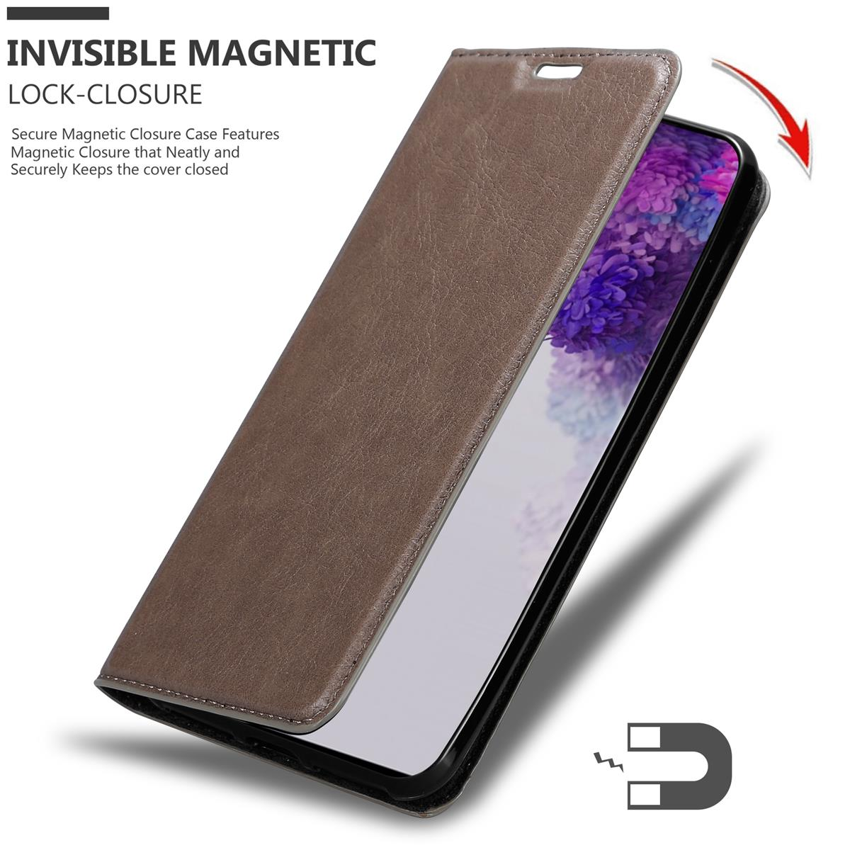 Braune Handyhülle offen, zeigt einen Telefonbildschirm. Die Hülle hat einen Magnetverschluss.
