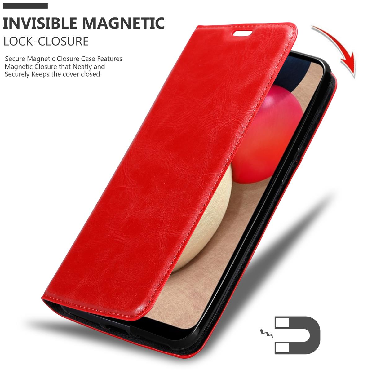 Eine rote Handyhülle mit einem Telefon darin. Text: INVISIBLE MAGNETIC LOCK-CLOSURE. Ein Magnetsymbol wird gezeigt.