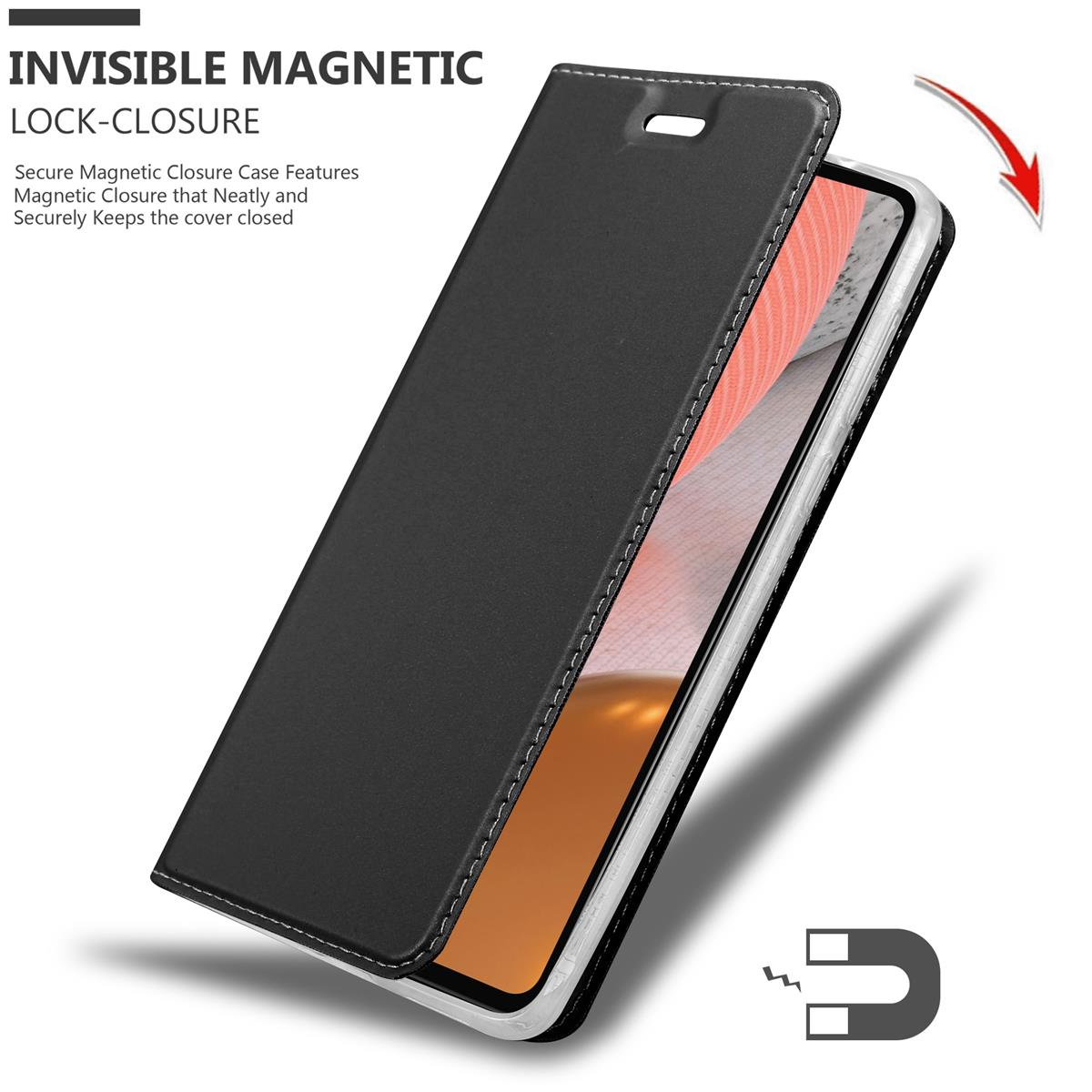 Eine schwarze Handyhülle mit offenem Magnetverschluss, zeigt Telefon und Magnetzeichen.