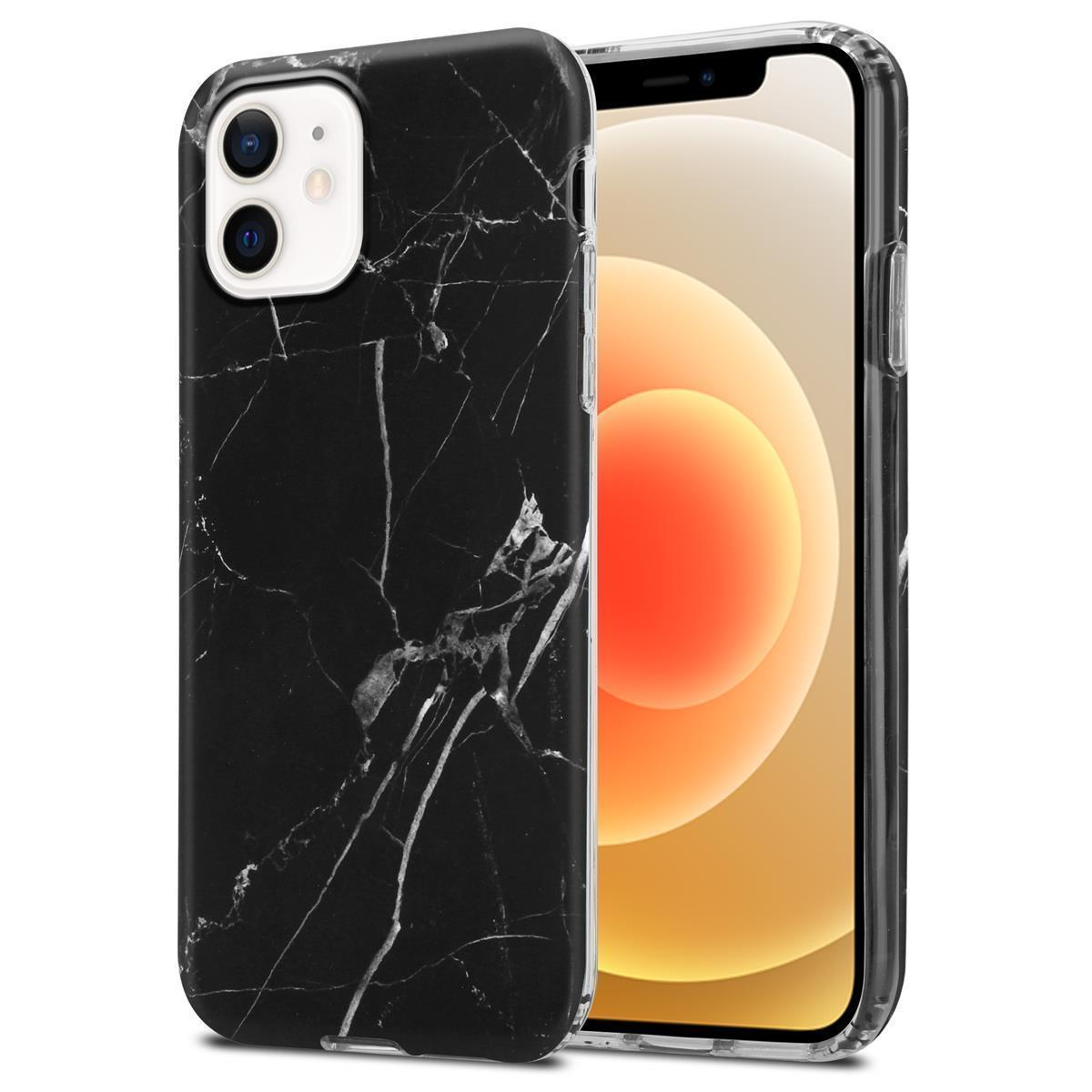 Schwarze Handyhülle mit Marmordesign auf einem Telefon. Der Bildschirm ist sichtbar.