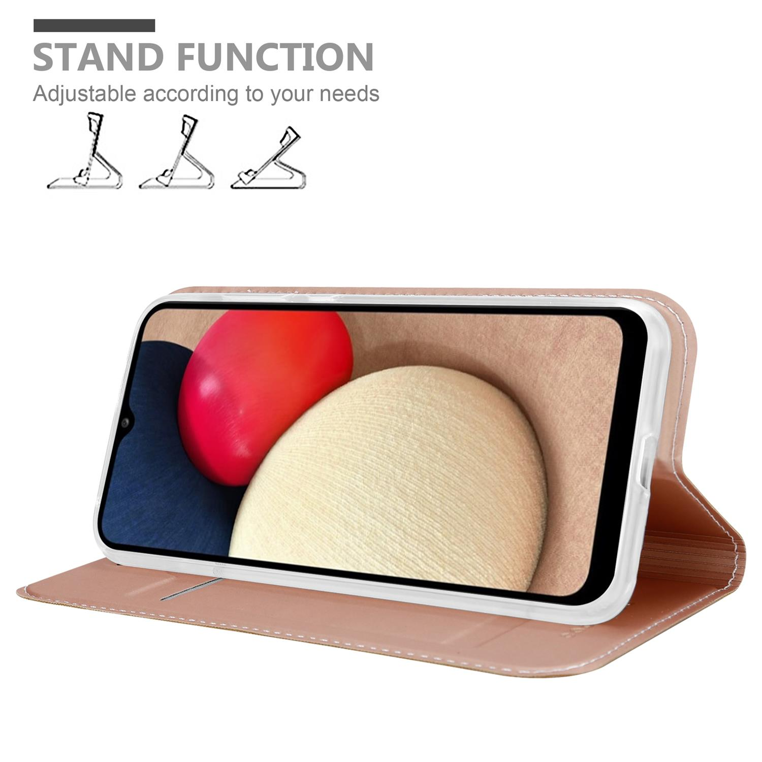 Coque de téléphone rose en mode support, avec téléphone affichant une image abstraite colorée et icônes de fonction support.