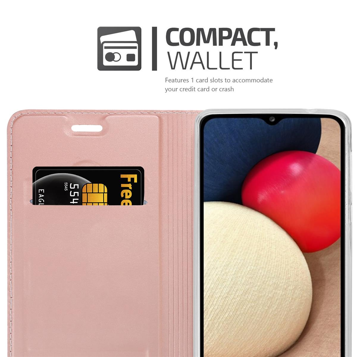 Un téléphone dans un étui portefeuille rose avec une fente pour carte. L'étui comprend une carte et de l'argent.