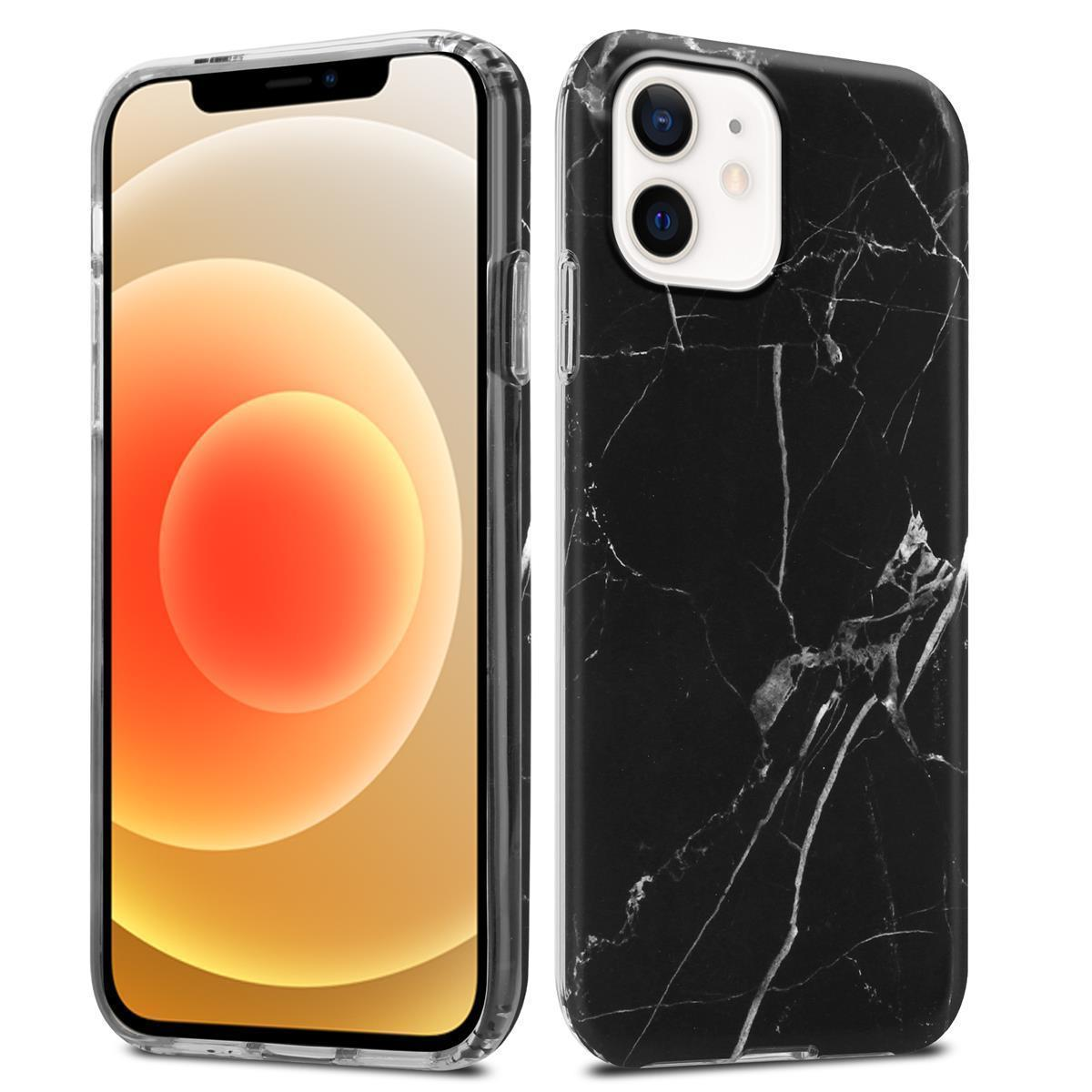 Zwei Telefone, eines in einer durchsichtigen Hülle, eines mit schwarzem Marmordesign. Beide auf weißer Oberfläche.