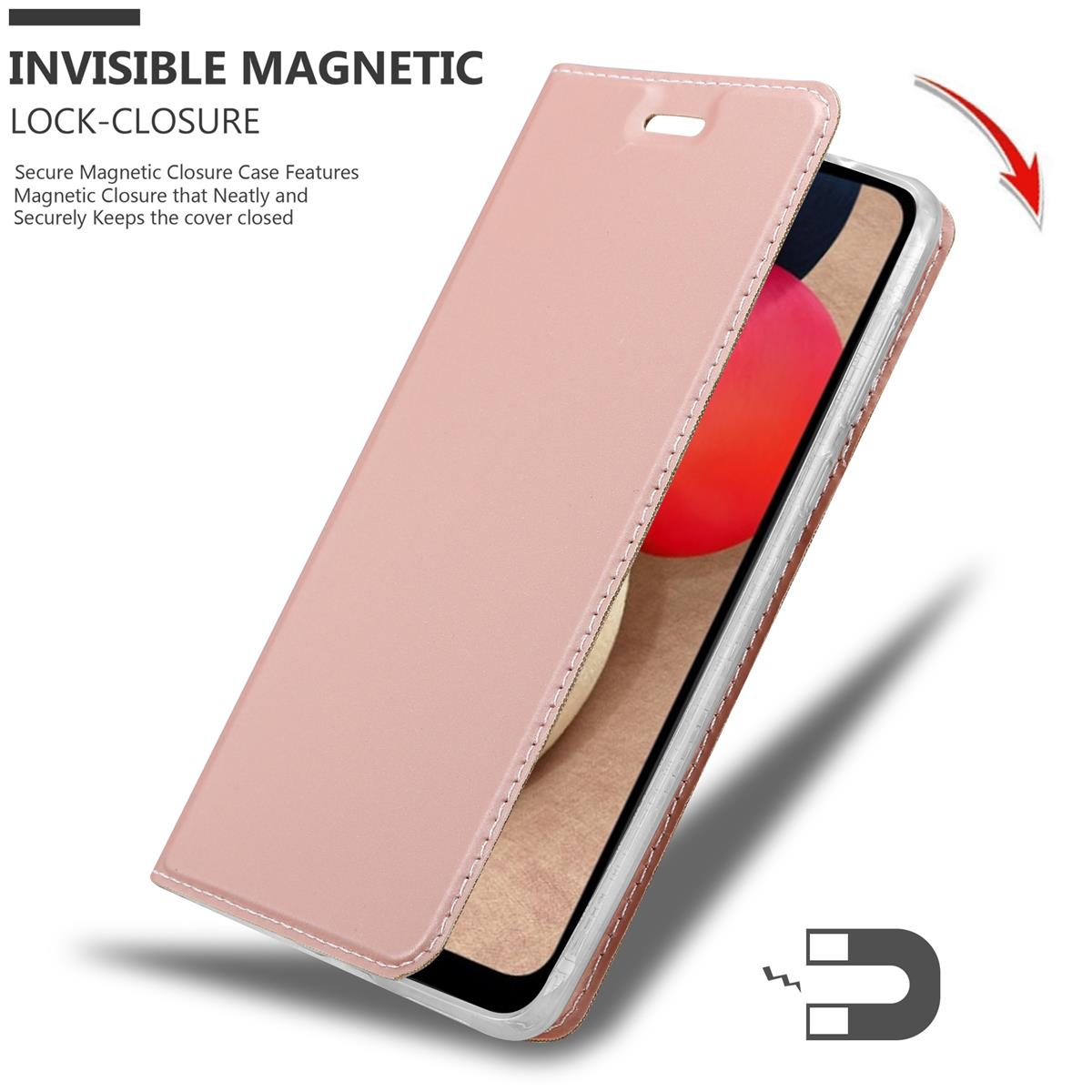 Coque de téléphone rose avec écran visible, fermeture magnétique et aimant.