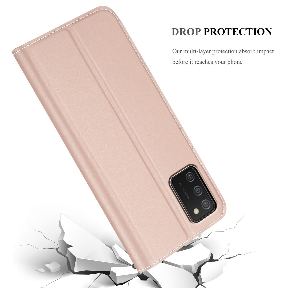 Coque de téléphone rose. Le texte dit 'Drop Protection'. La coque est au sol et le sol est fissuré.