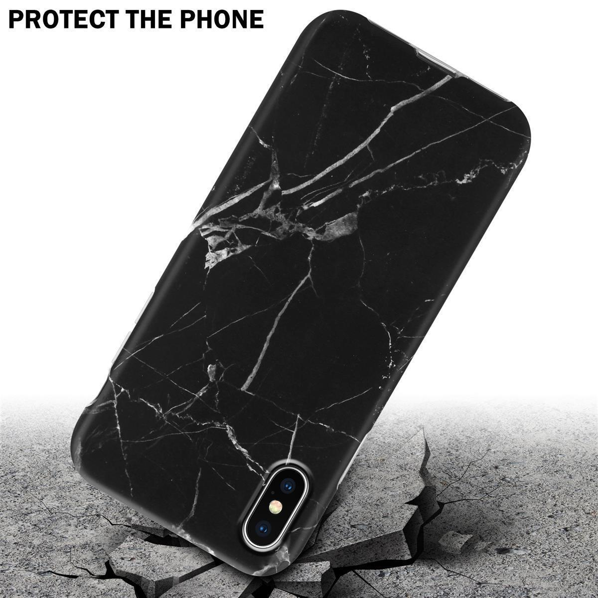 Custodia per telefono in marmo nero su superficie incrinata. Testo: Proteggi il telefono.