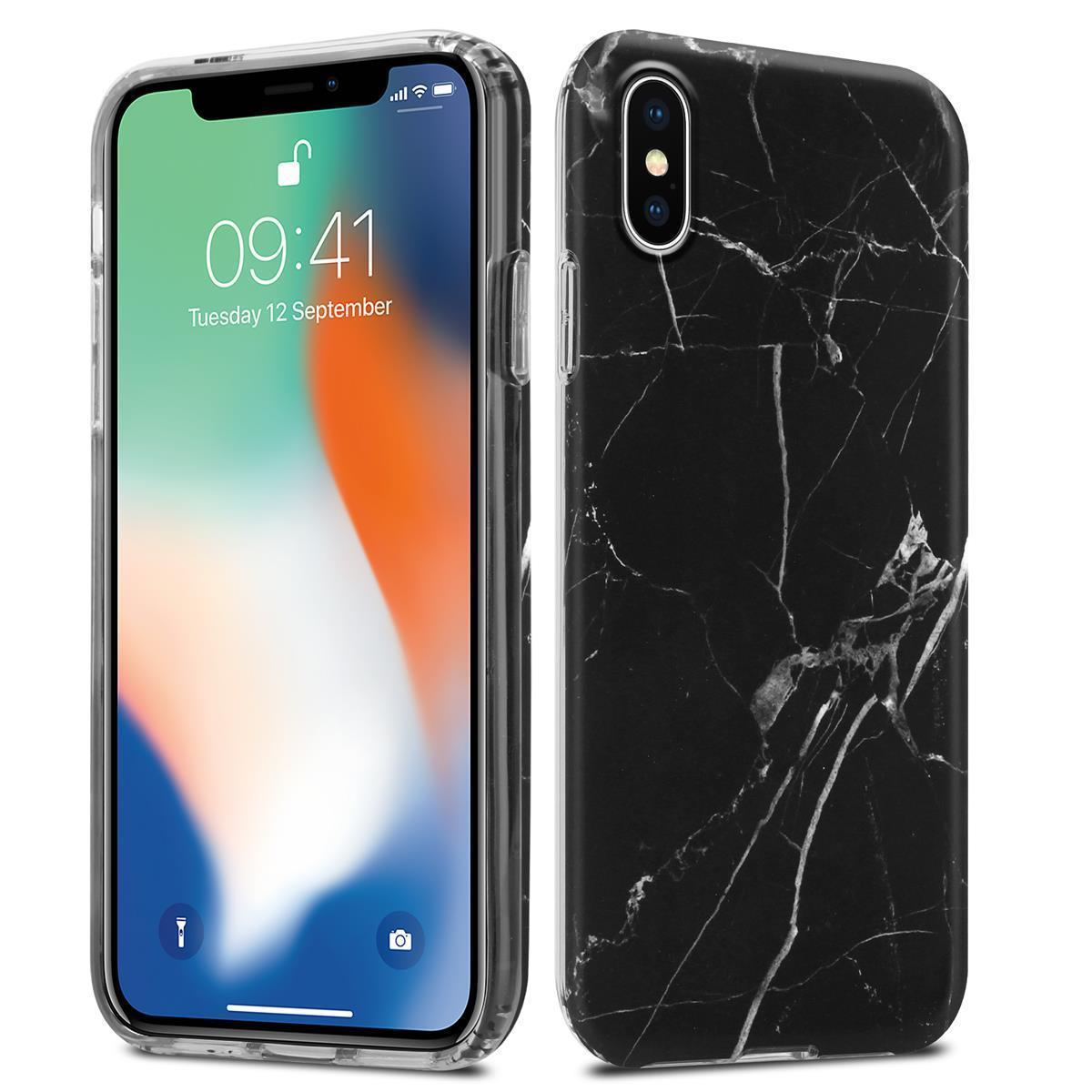 Due custodie per telefono, una con telefono, trasparente e marmo nero. Il telefono mostra l'ora e la data.