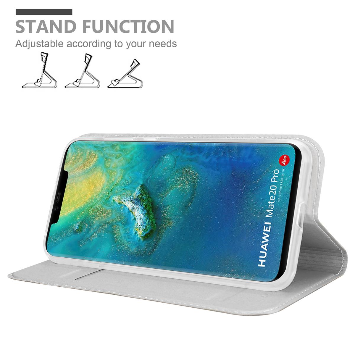 Telefon in einer Hülle. Standfunktion. Einstellbare Ständeroptionen. Huawei Mate20 Pro Bildschirm wird angezeigt.
