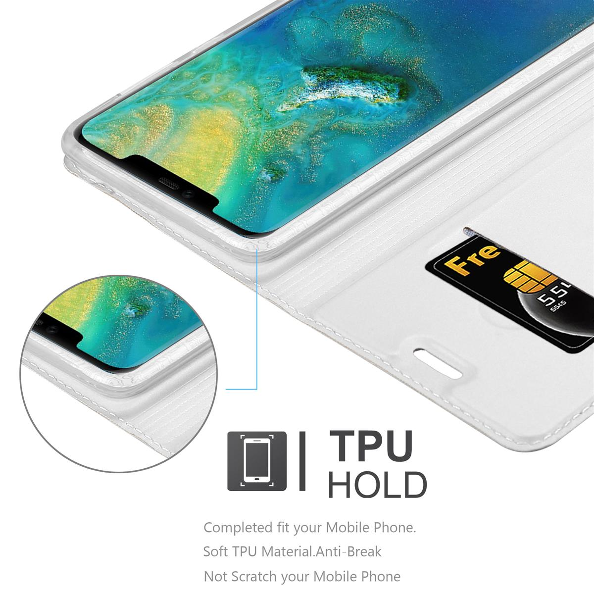 Weiße Handyhülle mit Telefon und Karte darin.