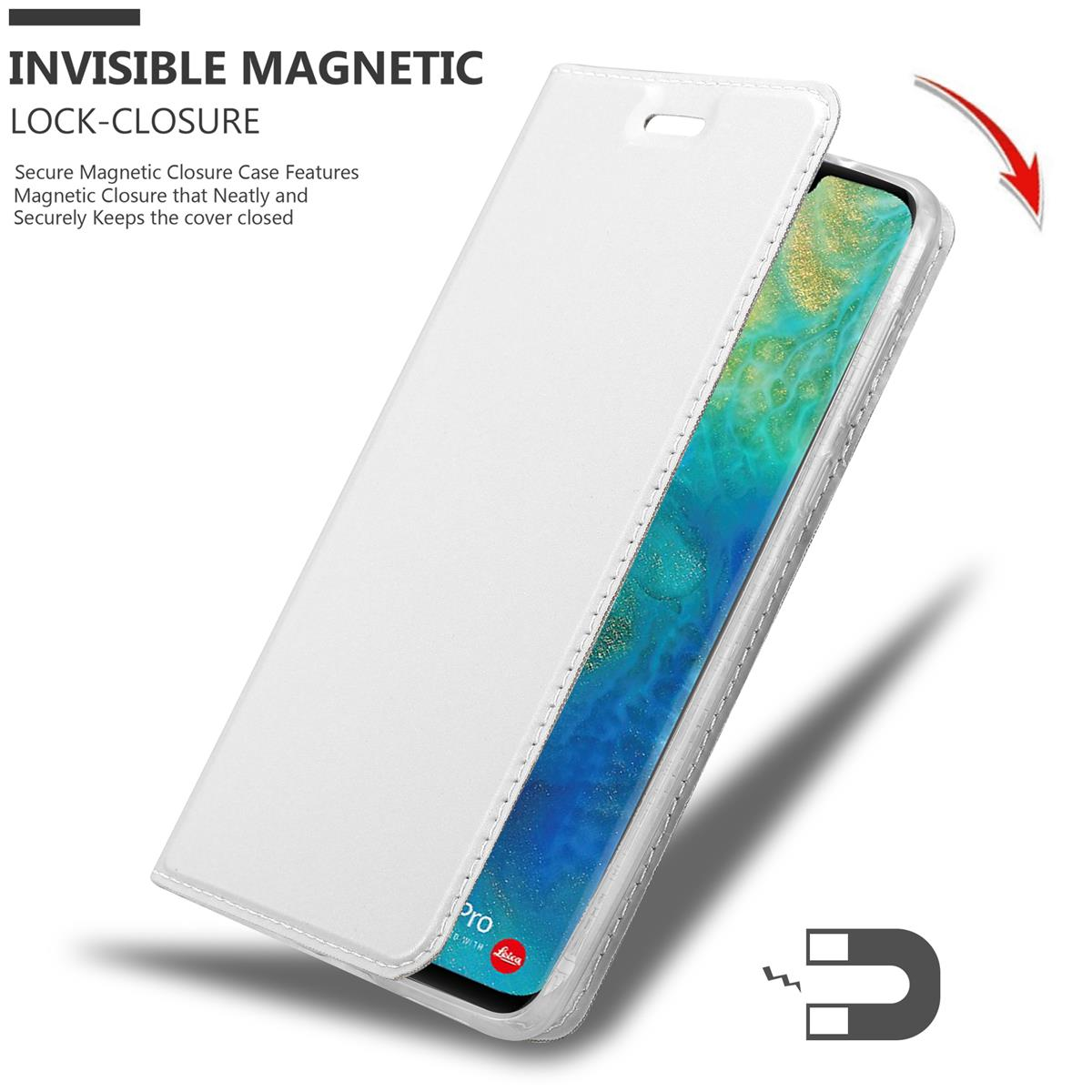Weißes Handycase offen, zeigt den Bildschirm. Magnetverschluss-Funktion mit Pfeil hervorgehoben.