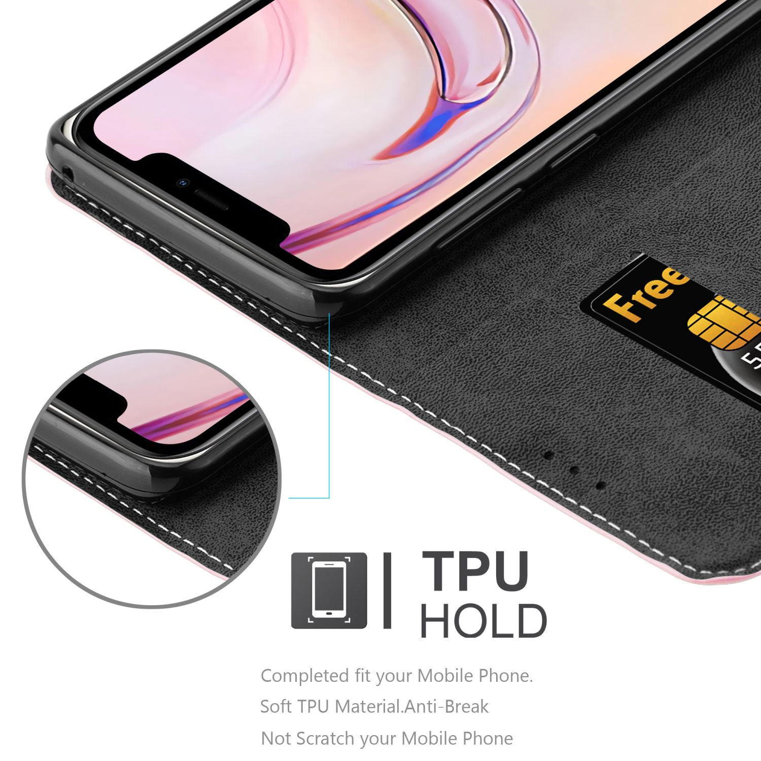 Handyhülle mit Telefon. Telefon in Hülle, Karte im Slot. Weiße Nähte.