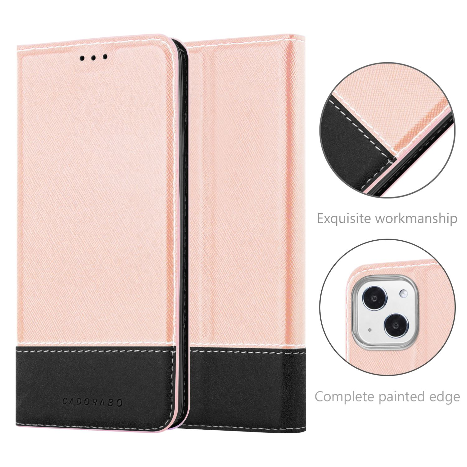 Eine rosa Handyhülle mit schwarzen Akzenten. Die Hülle ist offen und zeigt ein Telefon und Details der Kanten.
