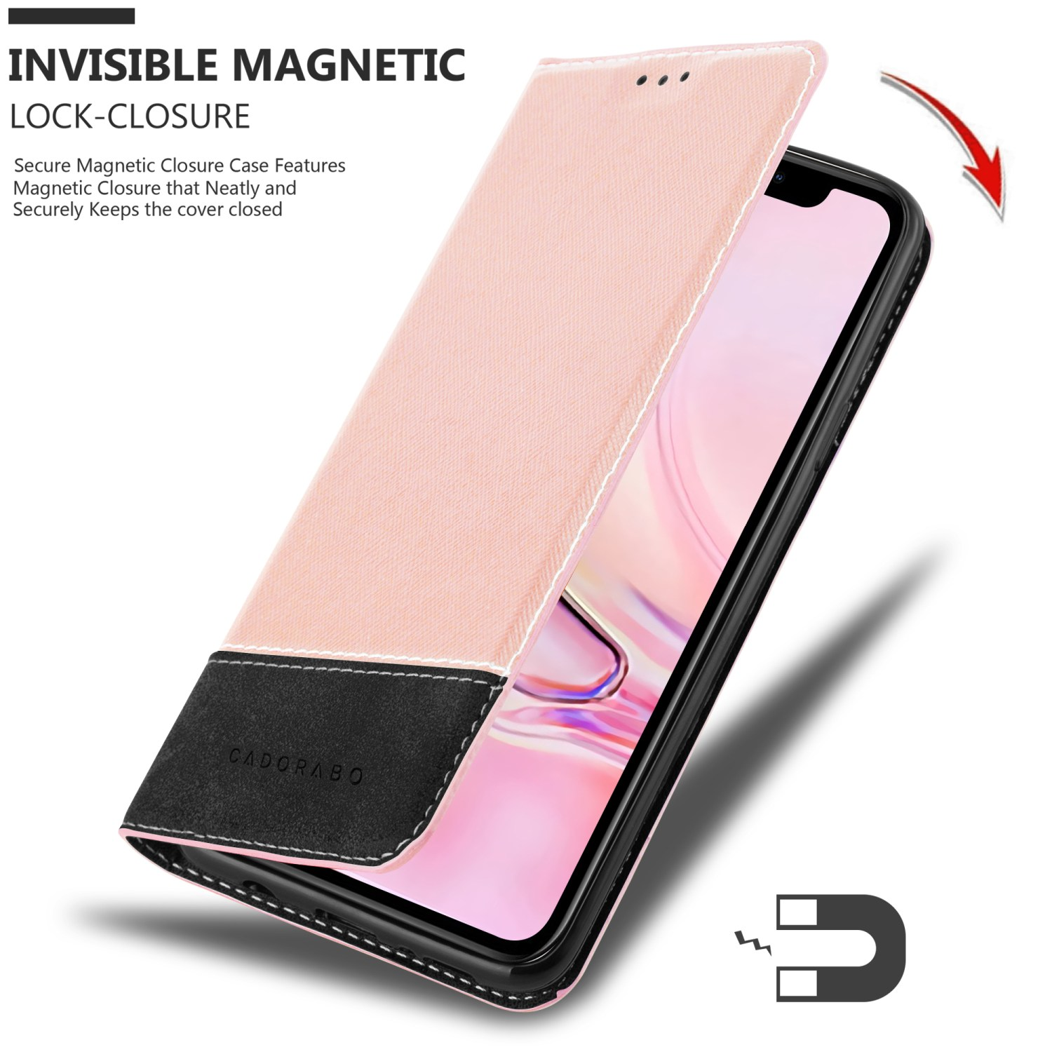 Rosa Handyhülle mit schwarzem Cover. Das Cover ist geöffnet und gibt den Bildschirm frei.
