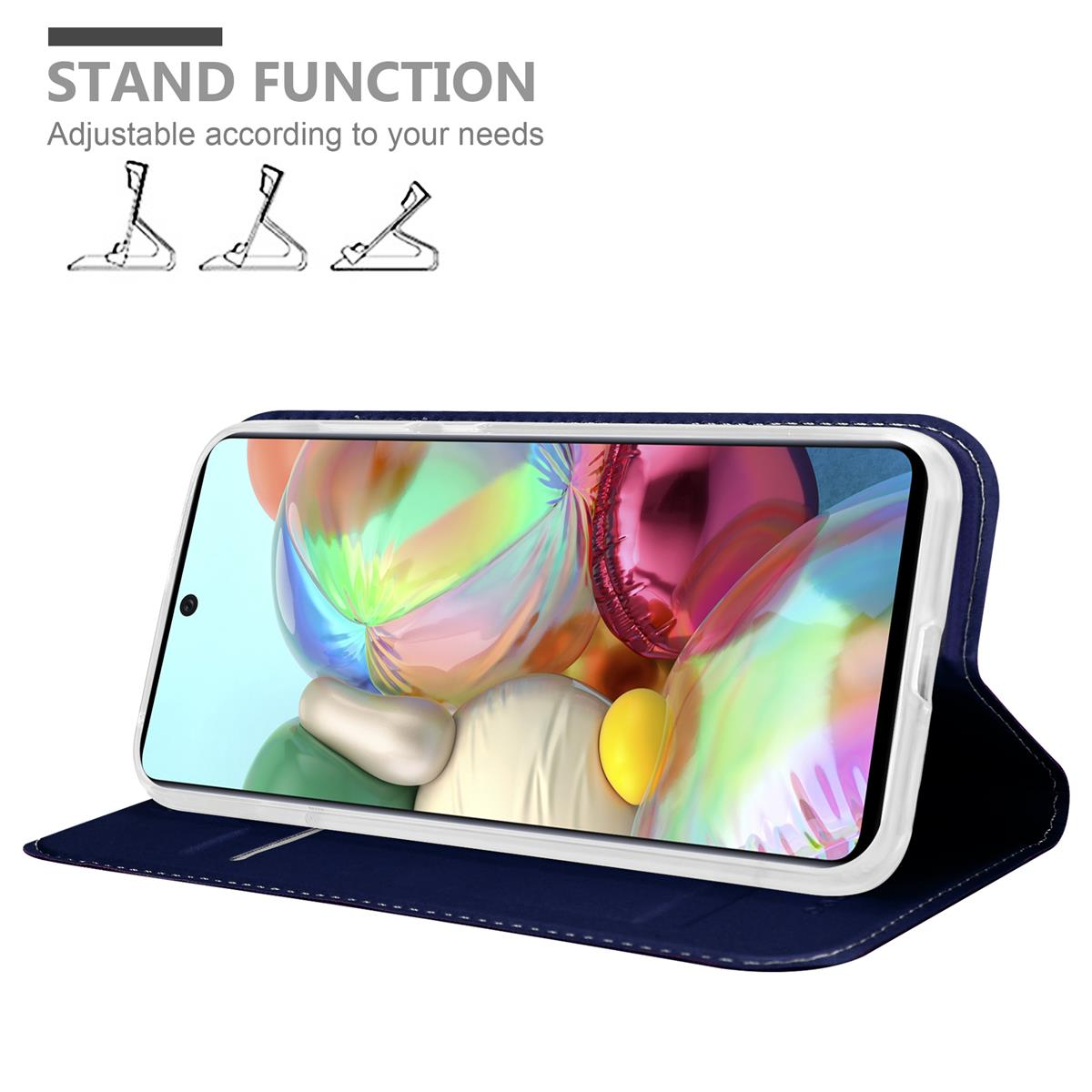 Blaue Handyhülle mit Telefon. Stützfunktion wird gezeigt.