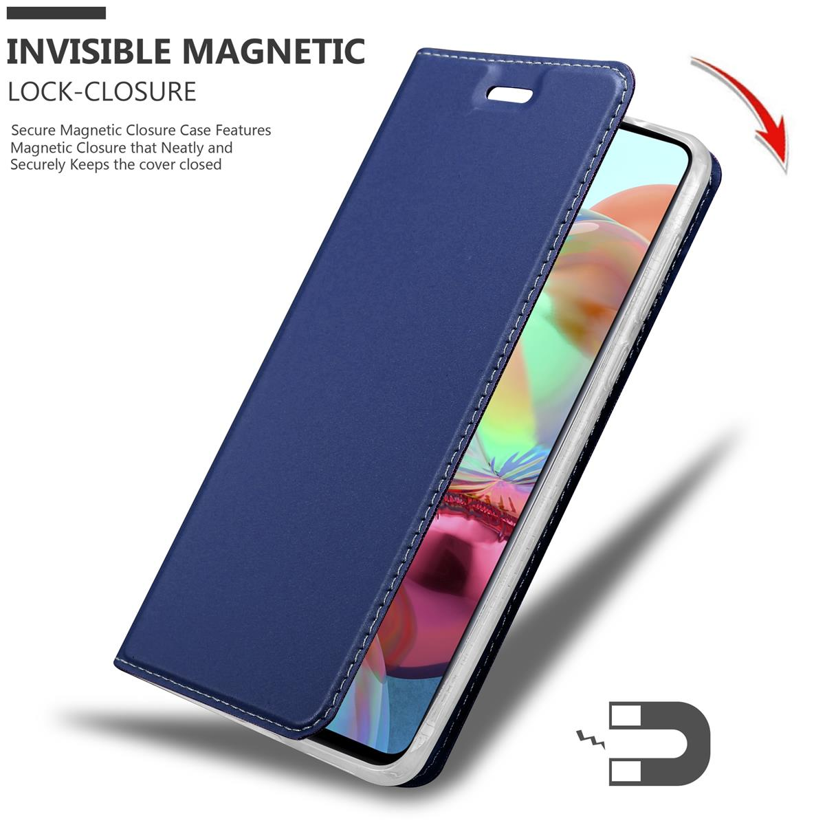 Blaue Handyhülle, geöffnet. Text: INVISIBLE MAGNETIC LOCK-CLOSURE. Telefon darin.