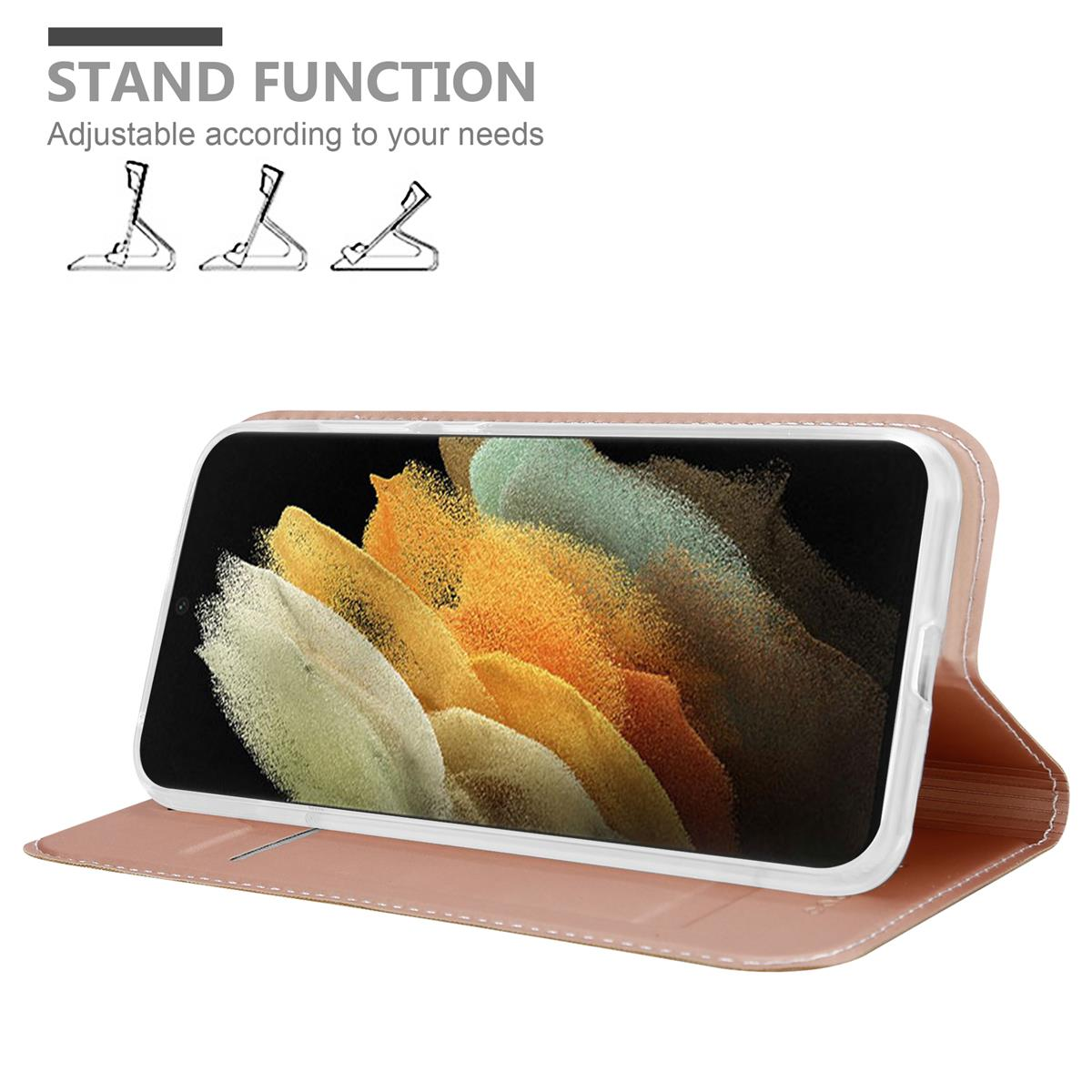 Eine rosa Handyhülle mit einem Telefon darin. Die Hülle kann als Ständer verwendet werden.