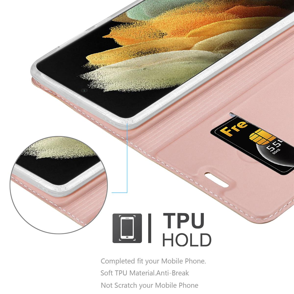 Ein Telefon in einer rosa Hülle mit einem Kartensteckplatz, der eine SIM-Karte zeigt. Der Text lautet 'TPU HOLD'.