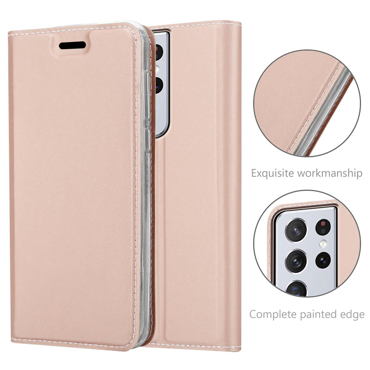 Roségoldene Handyhülle, offen, zeigt das Telefon. Detail von Nähten, Kamerabereich. Vollständig lackierter Rand.