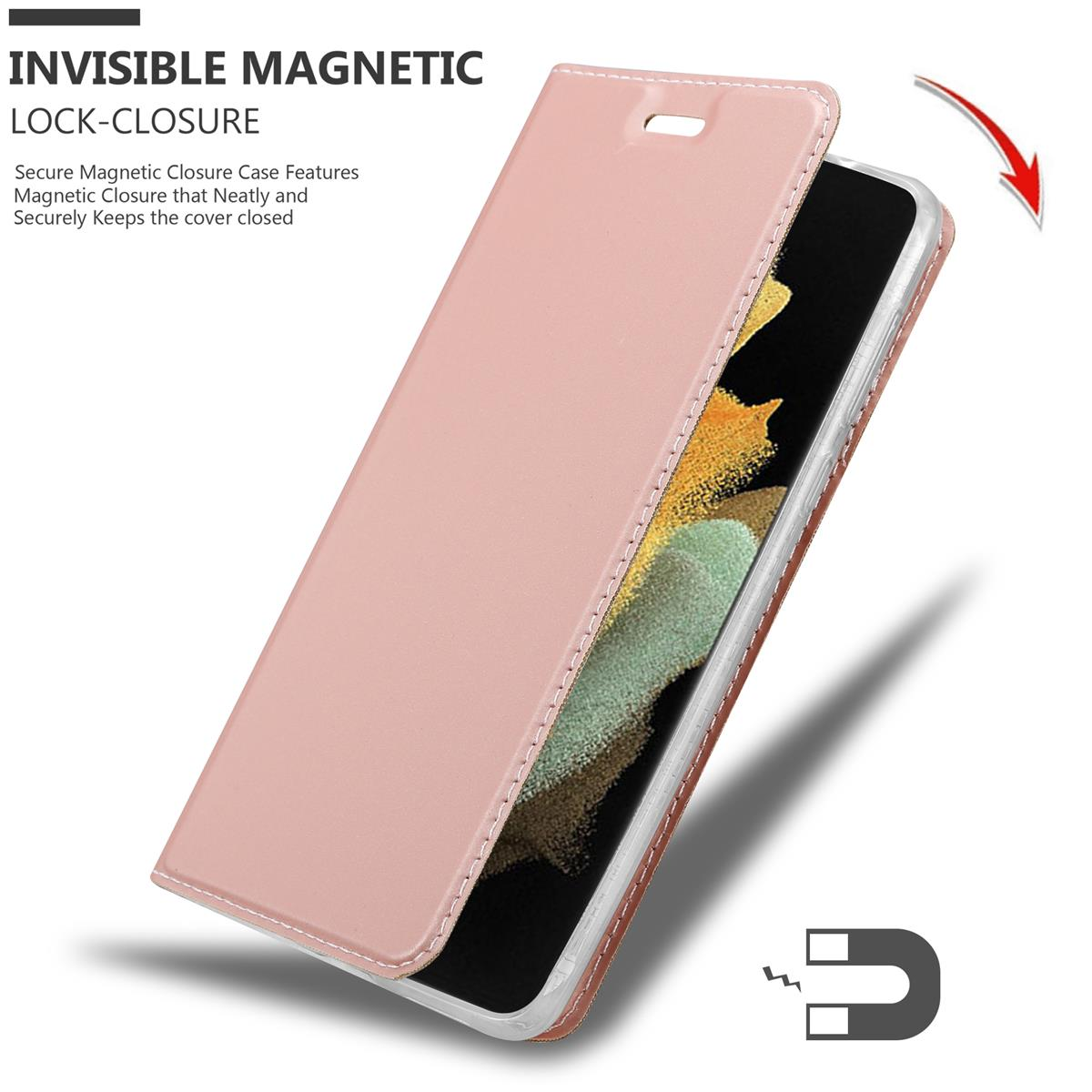 Rosa Handyhülle, offen. Ein Telefon ist darin. Die Hülle ist mit einem Magnetverschluss verschlossen. Weißer Hintergrund.