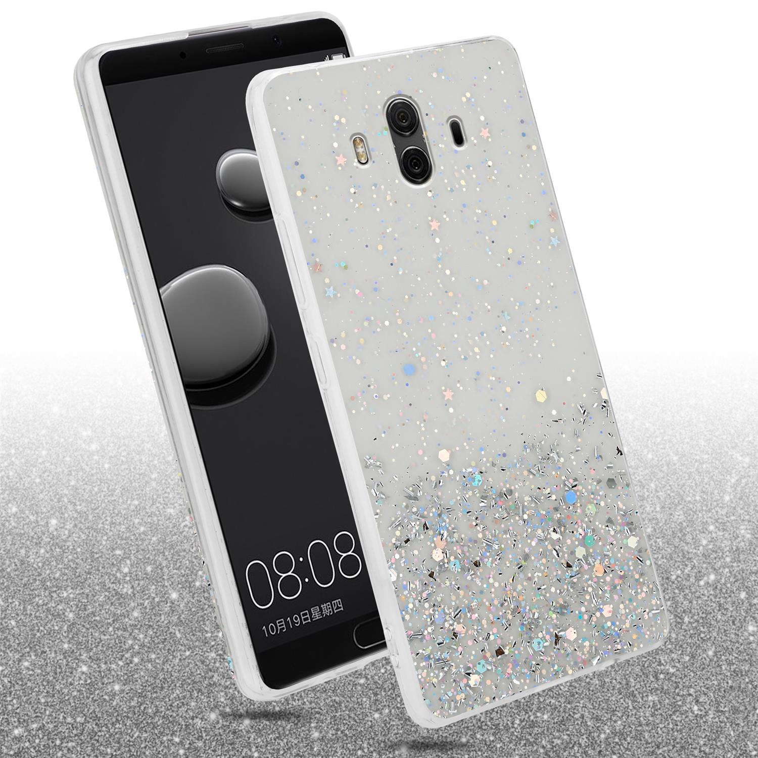 Transparente Handyhülle mit Glitzer. Telefonbildschirm zeigt die Uhrzeit. Glitzerhintergrund.