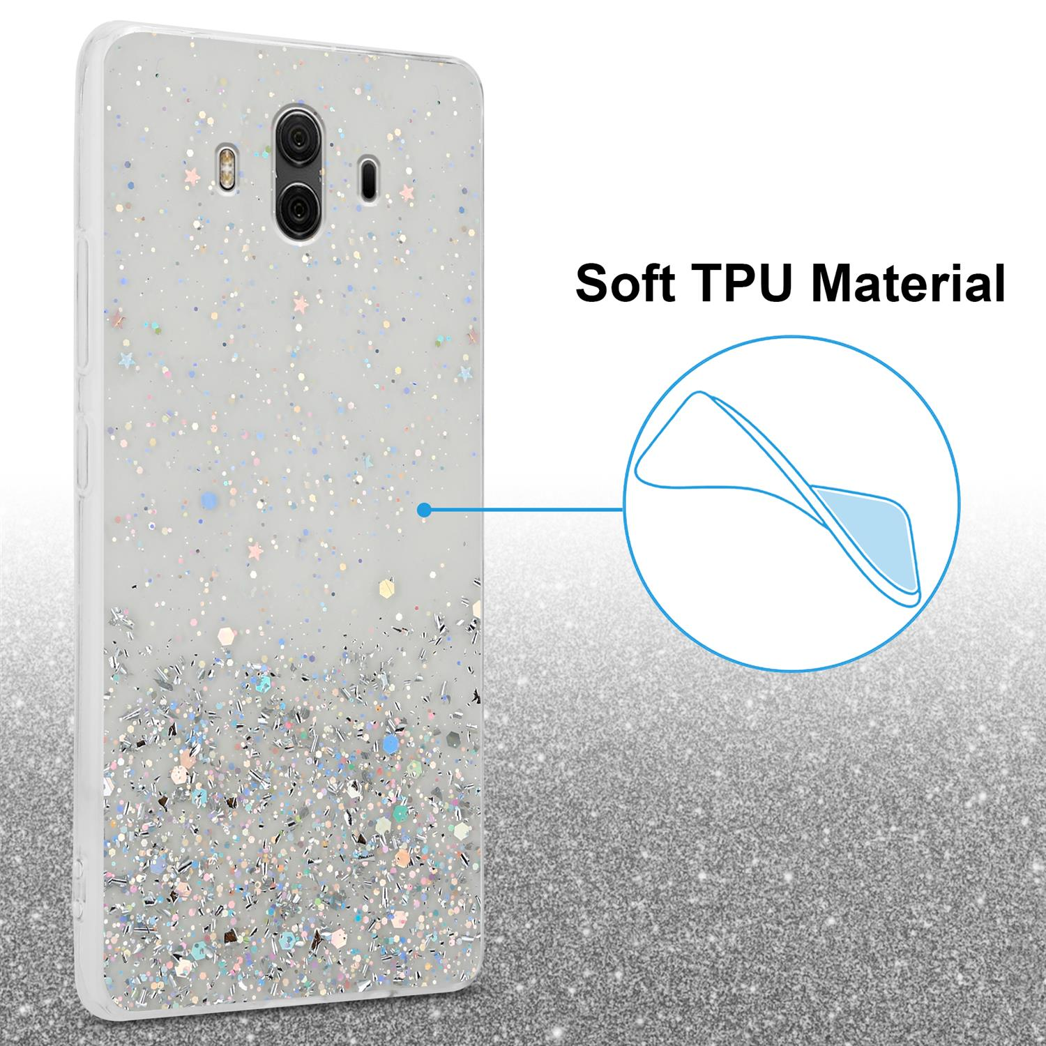 Glitzerhülle für ein Telefon, mit weichem TPU-Material, auf Glitzerhintergrund.