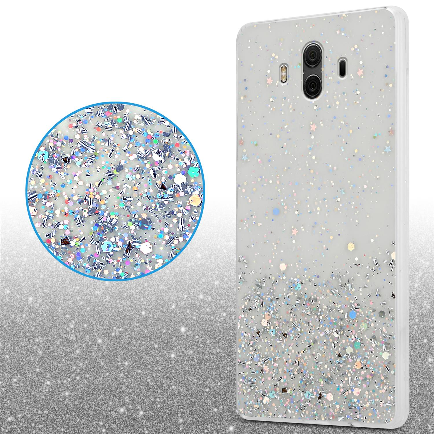 Eine Handyhülle mit Glitzer. Eine Nahaufnahme zeigt die glitzernde Textur und das Design.