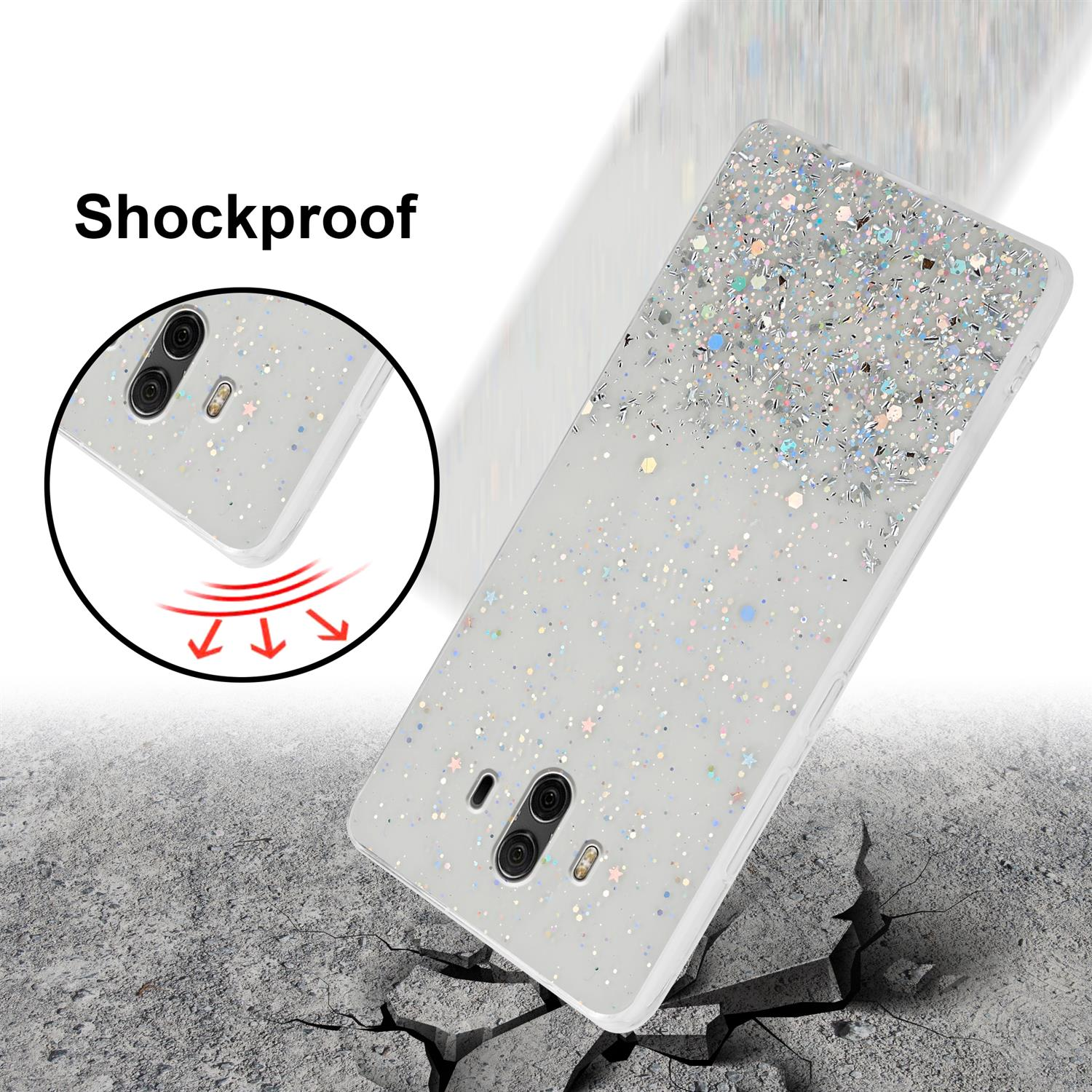 Glitzernde Handyhülle mit Telefon, über einer zerbrochenen Oberfläche mit dem Wort 'stoßfest'.