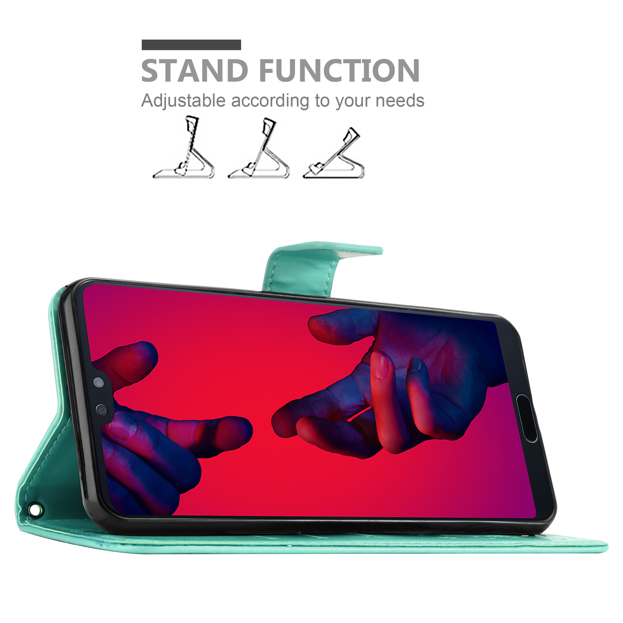 Türkis Handyhülle mit Ständerfunktion. Telefon zeigt ein rot-blaues Bild.