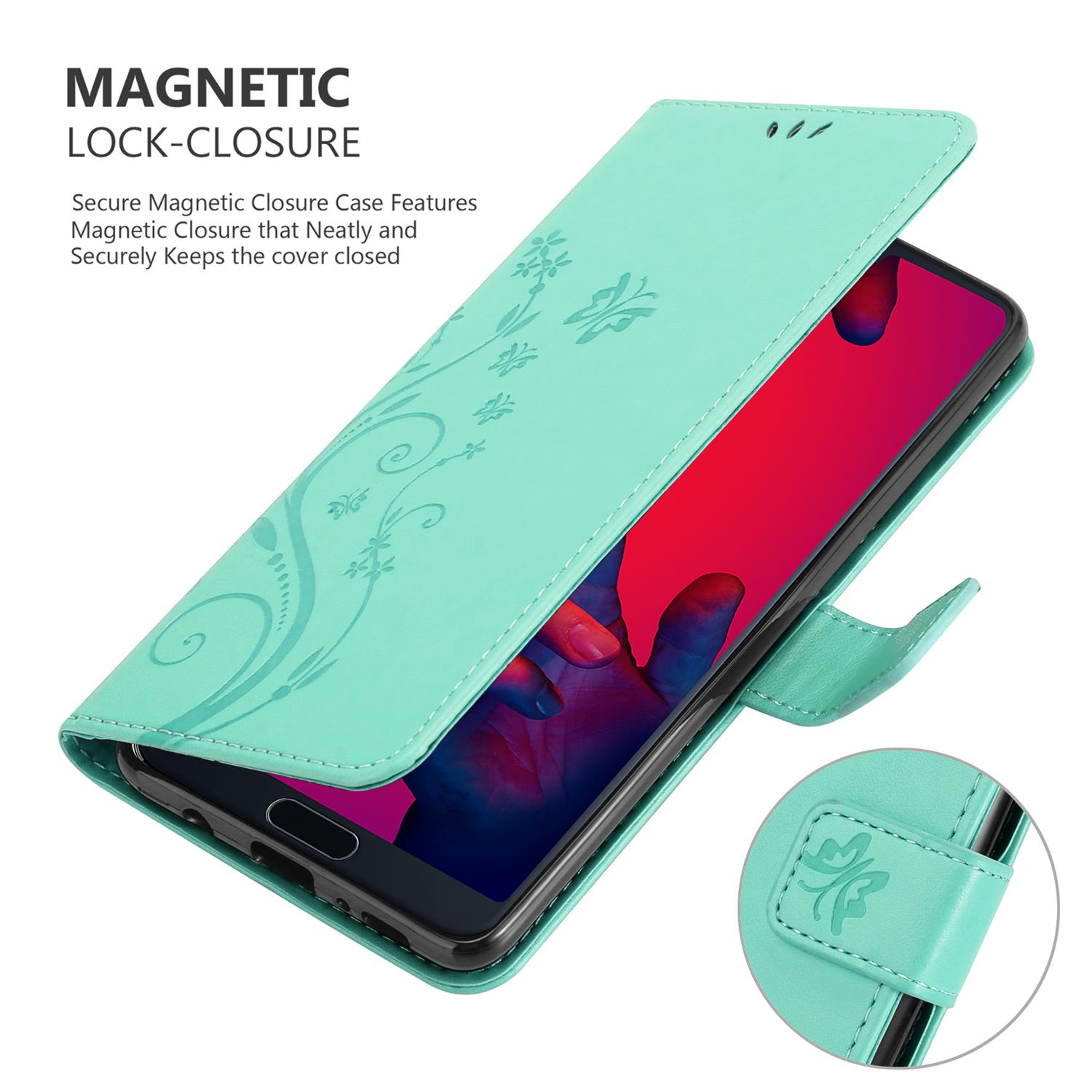 Türkisfarbene Handyhülle, offen. Blumendesign. Telefonbildschirm mit rotem Hintergrund.