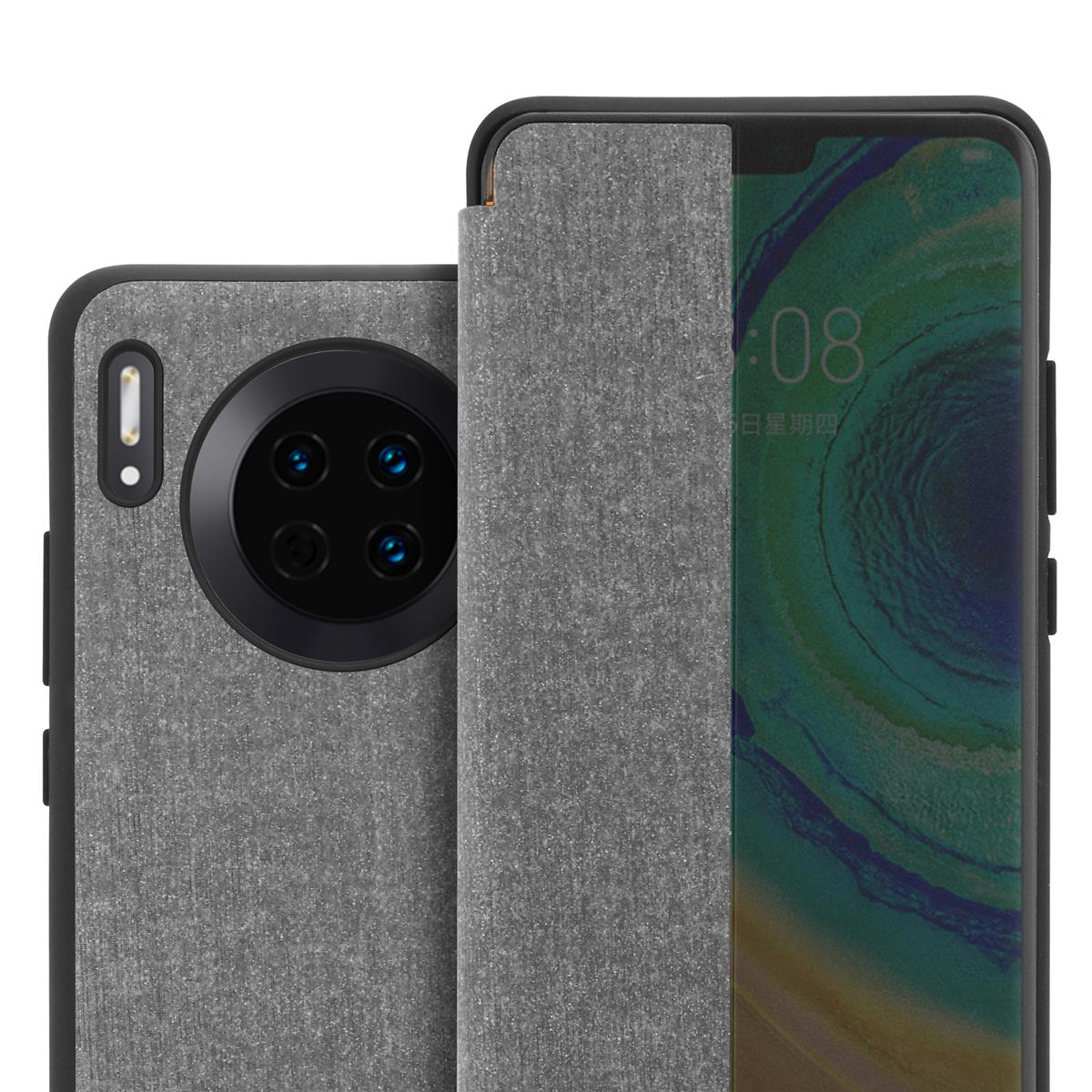 Graue Handyhülle mit Telefon. Schwarze Kamera, Vorderseite bedeckt.