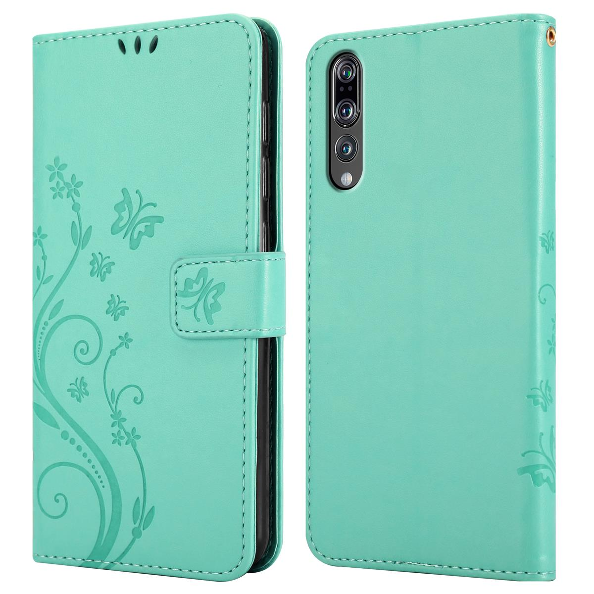 Minzgrüne Handyhülle mit geprägtem Blumendesign und Magnetverschluss.