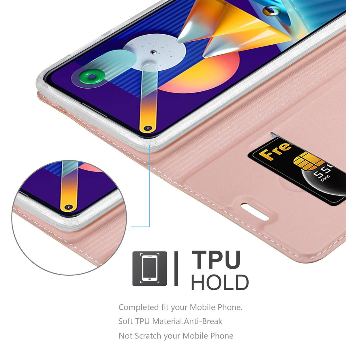 Geöffnete Handyhülle mit Telefon. SIM-Karte sichtbar. Weiches TPU-Material.
