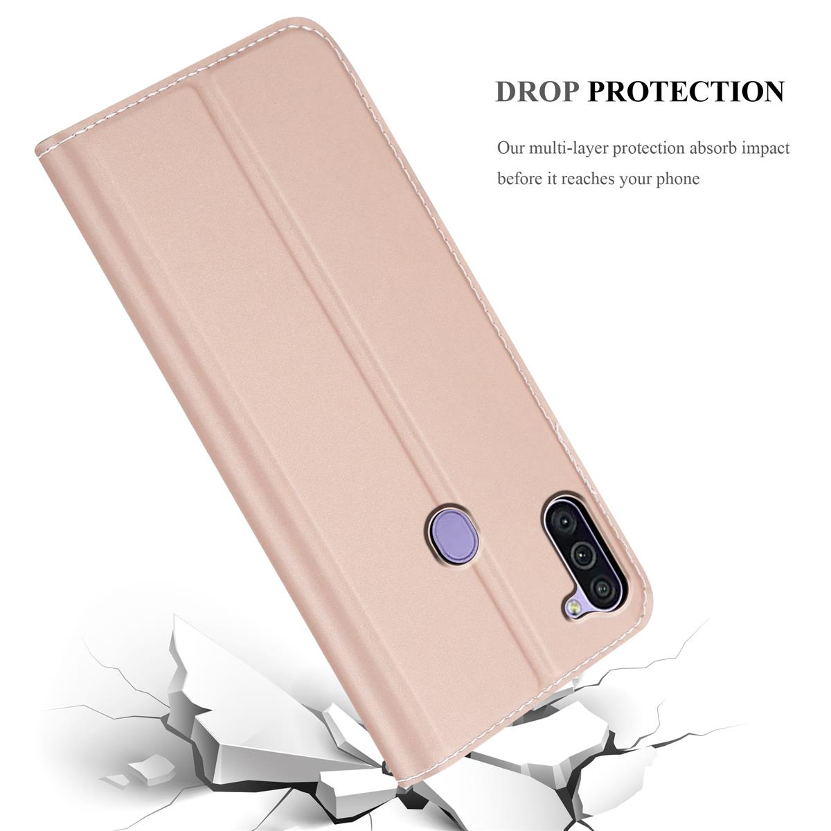 Rosafarbene Handyhülle angewinkelt, darunter Riss. Text: DROP PROTECTION. Telefon hat Kamera und Knopf.