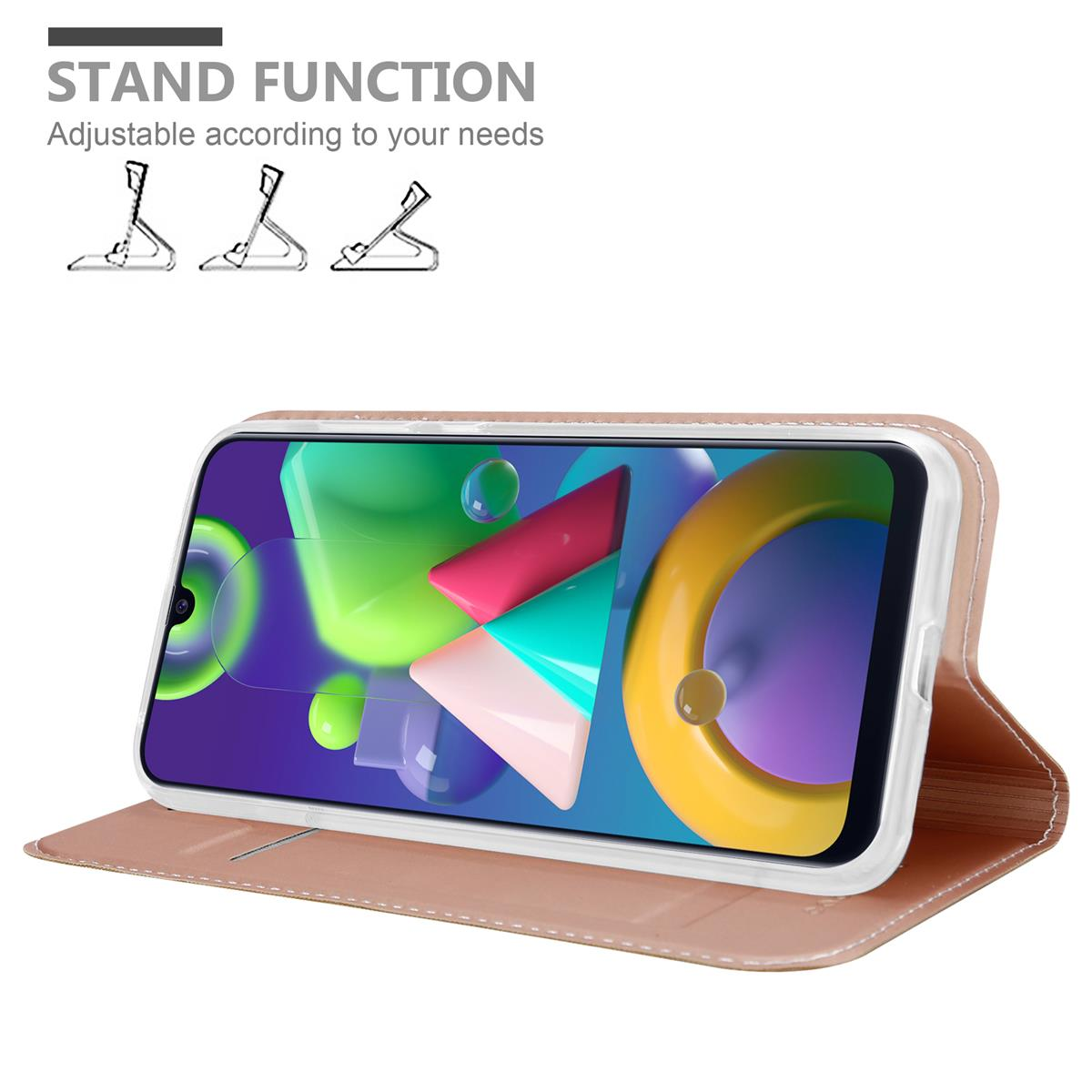 Custodia per telefono con telefono in posizione stand. Lo schermo del telefono mostra un'immagine colorata.