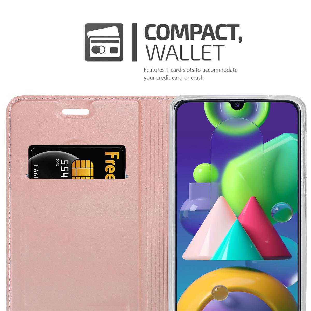 Custodia rosa per telefono con slot per carte. Carta nera con dettagli dorati visibile. Il telefono è a destra.
