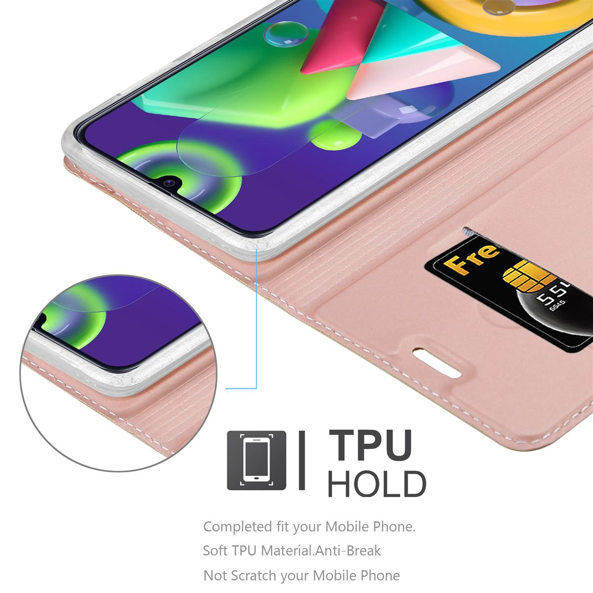 Custodia rosa per telefono con carta di credito. Testo: TPU Hold. Vestibilità perfetta. TPU morbido. Anti rottura.