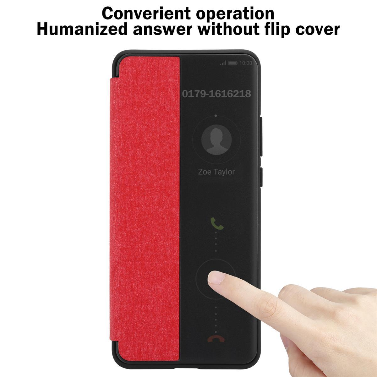 Schwarze Handyhülle mit roter Klappe. Finger berührt Bildschirm. Text: Convenient Operation.